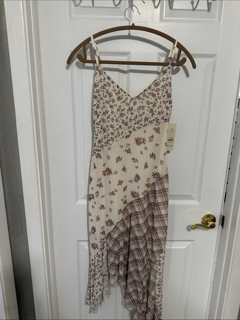 NWT No Boundaries Cream and Brown Asymmetrical Slip Dress Size XS
